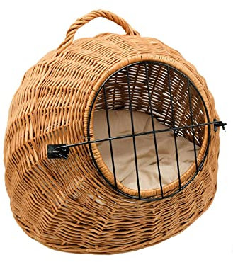 MyBer® Haustierbett Transportbox Katzen Korbhöhle Katzenhöhle Katzenkorb Hundekorb aus Weide mit Verschluß und Kissen geflochten K5-583-SB