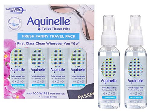 Aquinelle Toilet Tissue Mist Value Pack of 4 Convenient 3.25oz Bottles Non-Clogging Alternative to Flushable Wipes Simply Spray On ANY Folded Toilet Paper