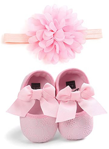 MACHSWON Scarpe da passeggio per neonate, con fiocco e nodo Mary Jane, fascia elastica in morbido cotone, antiscivolo, con suola morbida, per battesimo, per bambine e bambine, con fascia, rosa, 6-12 mesi