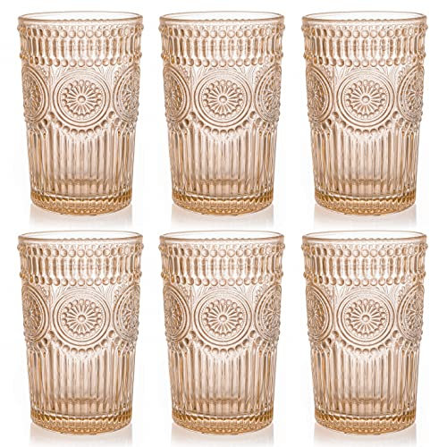 Kingrol 6 Pack 12 oz Colored Drinking Glasses, Premium Glassware Set for Water, Juice, Beverages, Cocktail - Romantic Embossed Design - for Wedding Party, Daily Use