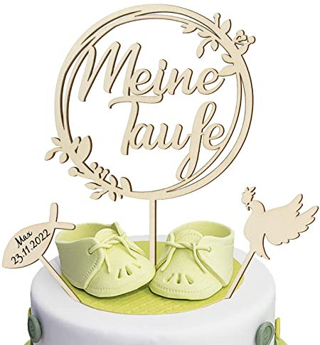 COLOFALLA 3 Stück Cake Topper Taufe Holz meine Taufe Torten Topper Taube Fisch Kuchen Deko Tortendeko Party Dekoration für Junge Mädchen (A)