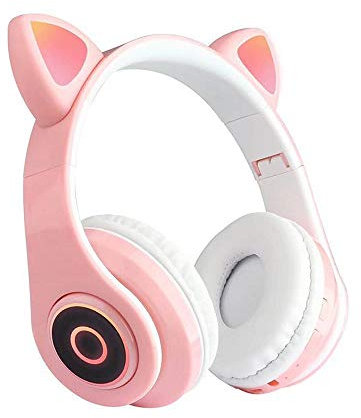 HUIOP B39 Cute Cat Ear Headset Wireless BT5.0 Foldable Gaming Headphone with Flash RGB lights Earphone TF Card Play/Wired Mode Pink,headset