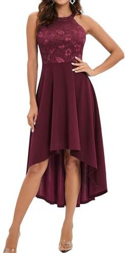 Bbonlinedress Abendkleid lang elegant festliches Kleid Neckholder Spitzenkleid High Low Cocktailkleid Brautkleid für Hochzeit Abschlusskleid lang Sommer Strandkleid Burgundy XS