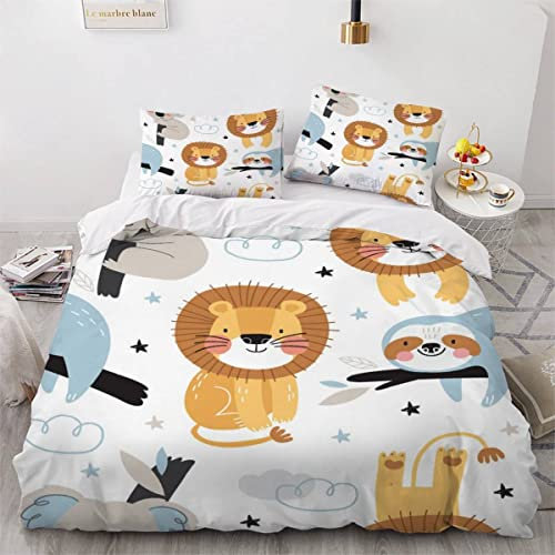 VASENA Bettwäsche Löwe Koala Bettwäsche 135x200 Kinder Skandinavischer Stil Bettbezug Set Weich Microfaser Kinderbettwäsche 3 Teilig Mit ReißVerschluss Mit 2 Kissenbezug 80x80 cm