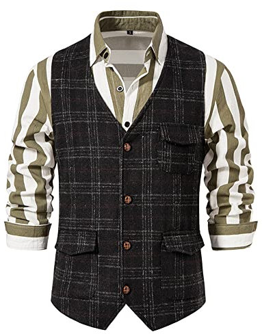 MakingDa Herren Karierte Weste, formell, ärmellos, V-Ausschnitt, kariert, Tweed, Business-Weste, Freizeitkleid, Anzugweste mit Tasche, Schwarz , XL