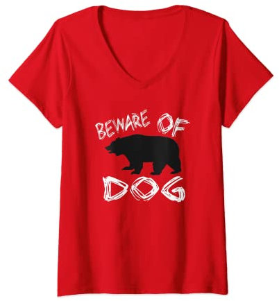 Damen Beware of Dog! BEAR Lustige Hütte Camping Wald See Wild T-Shirt mit V-Ausschnitt