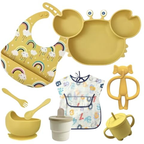 ASENME Set de vajilla de silicona para bebé de 9 piezas Vajillas (Amarillo)