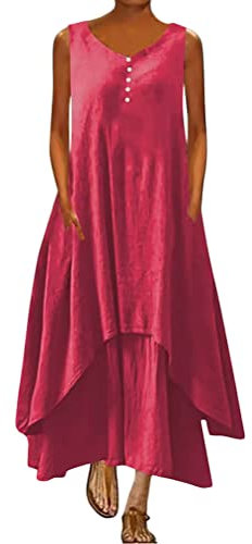 ORANDESIGNE Robe Longue Femme Kaftan en Coton et Lin Robe Ample Col V Boho Plage Eté Robes Décontracté Chic Manches Longues Grande Taille Maxi Robes A-Line 2 in 1 Lin Robes C Rose Rouge XXL