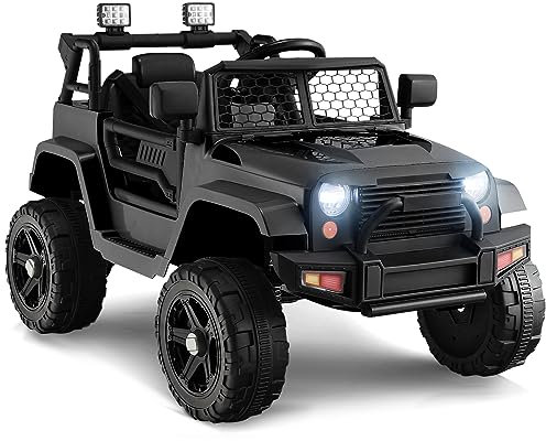 GYMAX Kids Ride on Car, 12V Battery Powered Car with Remote Control, MP3, USB/Aux Port, Lights, Music, Horn, Spring Suspension, Safety Belt&Slow Start, Children Electric Truck for 3 Years Old +(Black)