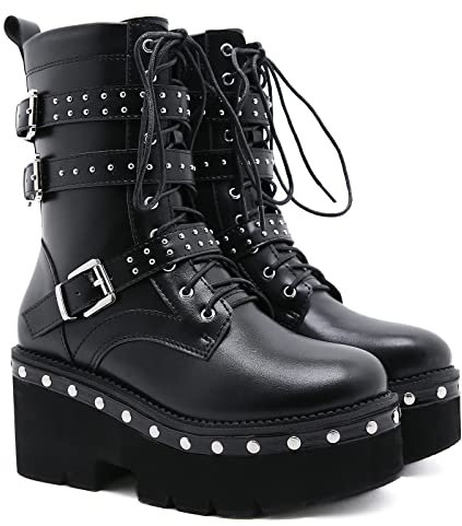 Stivali Moto con Lacci per Le Donne Piattaforma Stile Punk Stivali Invernali Tacco Spesso Stivali da Motociclista Testa Rotonda con Rivetto,Nero,40 EU