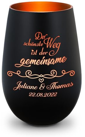 GRAVURZEILE Deko Windlicht aus Glas mit Gravur - Der schönste Weg ist der gemeinsame - Personalisiert mit Namen & Datum - Persönliche Geschenke zur Hochzeit Verlobung für Sie & Ihn - Schwarz/Bronze