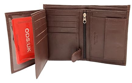 ODS:UK Mens RFID Blocking Safe Soft Leather Tri Fold Wallet Card Slots Id Window and Coin Pocket (Brown - Style 2)