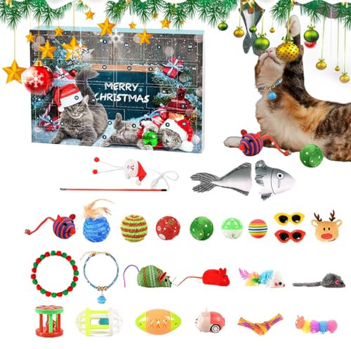 Duqulle Katzen-Weihnachts-Adventskalender 2023, 24-teiliges Interaktives Katzenspielzeug Für Hauskatzen, Weihnachts-Katzenfedern, Katzenminze-Kugelhalsbänder, Interaktives Kätzchenspielzeug