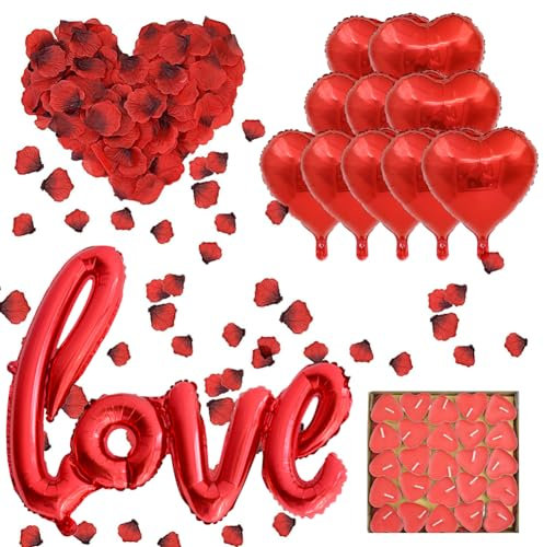 ASANMU Romantisch Deko Set, Muttertag Dekoration Love Ballon+1000 Rosenblätter+10 Herz Luftballons+50 Teelichter Herzform Hochzeit Deko Set für Heiratsantrag/Verlobung/Hochzeit/Geburtstag