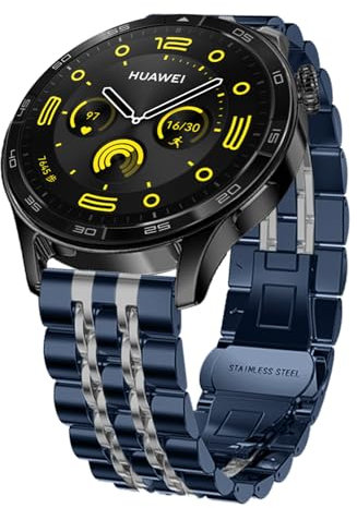 Hinnwer 22mm Armband Kompatibel mit Huawei Watch 5 46mm/Watch GT5 Pro/GT5/GT4/GT 3/GT 2 46mm, Edelstahl Metall Ersatzarmbänder für Huawei Watch 4 Pro 48mm Blau+Silber