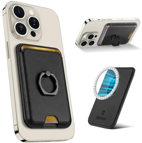 SHIELDON Magnetic Wallet, Genuine Leather Card Holder [RFID Blocking][Secure-Grip Finger Ring][Adjustable Stand] Magnetic Card Holder Phone Wallet Compatible with iPhone 16/15/14/13/12 Series - Black