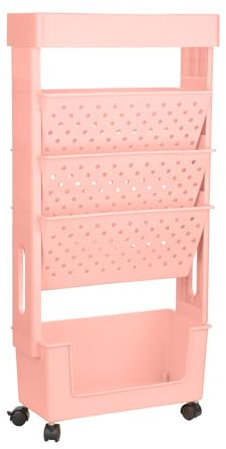 XIHIRCD Beweglicher Bücherregalwagen, Rollender Bücherregalwagen Rollendes Bücherregal mit Rädern Mobiles Bücherregal Tischseiten Aufbewahrungskorbwagen Bücherregal für Büro Zuhause Wohnheim (Rosa)