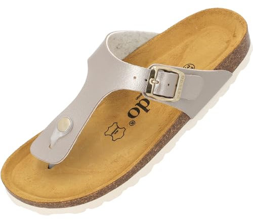 Palado Zehentrenner Damen Kos Metallic – gefertigt in Spanien – Obermaterial mit metallischer Optik – Weichfußbett – Veloursleder-Decksohle Beige UK7 - EU40