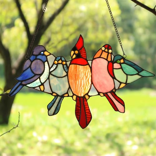 HomeBeauty PA0011 Fensterpaneel mit tropischen Vögeln auf dem Draht, Buntglas, Tiffany-Stil, Hänge, Sonnencacher mit Kette, 30,5 x 19,1 cm, Kunstglas-Dekoration für Fenster, Wand, Garten