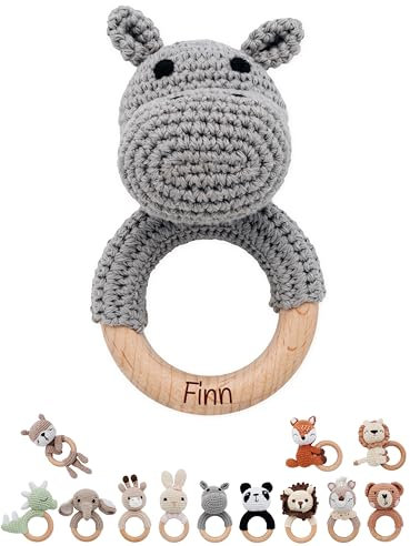 wunderwunsch® - Personalisierter Beißring Baby - Niedlicher Greifling für Baby's ab 0 Monate - Babyrassel mit Name als Baby Geschenk für Mädchen und Jungen (Nilpferd,mit Name)