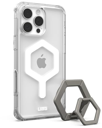 URBAN ARMOR GEAR Bundle Plyo MS Case/Magnetring kompatibel mit Apple iPhone 16 Pro Max (Wireless Charging/Magnetische Aufladung kompatibel, Hülle inkl. Band) Ice/weiß (Titan)