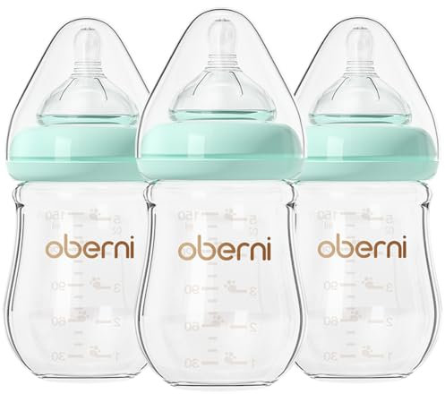 Oberni Babyflaschen aus Glas mit Silikon Sauger Größe 1, Milchflasche Weiter Öffnung, Babyflasche mit Anti-Colic-Ventil für Neugeborene Babys ab 0+ Monate, 150ml, Blau, 3 Stück
