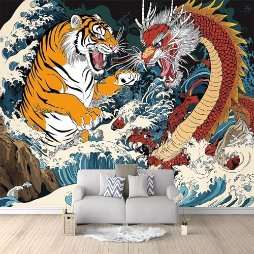 Colorful Wall Wallpaper Mural Japanese Style Oriental Dragon and Tiger Patterned Premium Non-Woven Wallpaper Mural for Bedroom livingroom Wall Modern 200 x 140 cm Art Print Mural Wallpaper