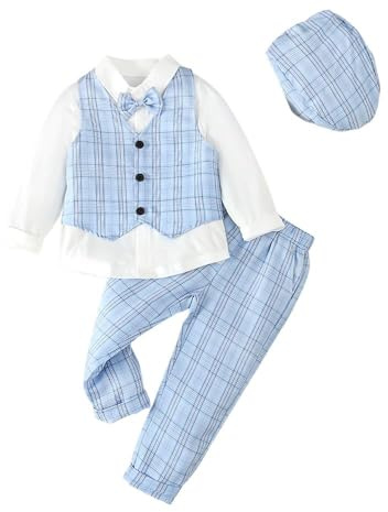 Lito Angels Baby Jungen Anzug-Set | 3-teilig: Anzug mit karierter Weste, Hose und Hut,Hochzeit, Kommunion