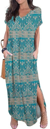 GRECERELLE Women Maxi Long Dress Summer Casual Beach Boho Short Sleeve V Neck Maxi Dresses with Pocket (Floral Green Khaki, M)