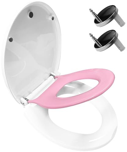 Family Toilet Seat Lid 2 in 1, Soft Close O Shape Easy to Clean and Install for Bathroom Washroom Home Premium Thermoplastic, Smaller Lid - Pink