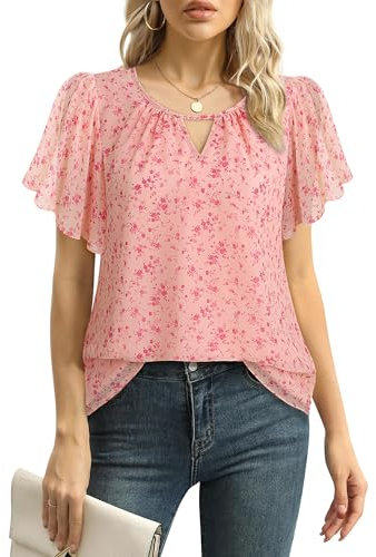 Gaharu Camicia da donna elegante a maniche corte, estiva, business, casual, scollo rotondo, maniche a volant, in chiffon, con fiori, Fiori W Rosa, XXL