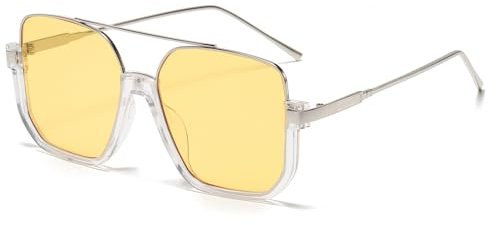Long Keeper Retro Oversize Pilot Sunglasses for Women Men Aviation Sunglasses Square Double Bridge Sun Glasses Semi-Rimless Vintage Shades UV400 Protection (Silver Clear Frame - Yellow Lens)