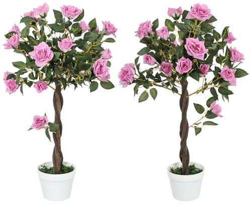 Outsunny Set de 2 Rosales Artificiales 90cm/3FT, Planta Decorativa Falsa con Maceta, Decoración Interior Falsa Decoración Oficina Hogar, Morado