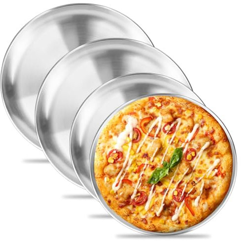 DMJJSD Juego de 4 bandejas para pizza redondas de 32 cm / 26 cm, acero inoxidable, para pizza, con revestimiento antiadherente, para hornear, platos de servicio, bandeja para pizza