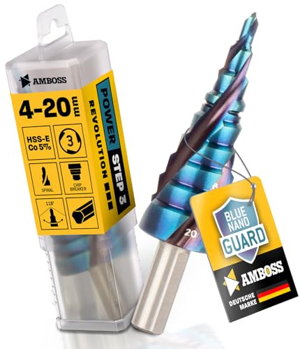 Foret étagé Ø 4-20 mm / 9 niveaux/foret métallique conique professionnel HSS-E Co 5% / enclume TiAlSiN Blue Nano Guard/acier, acier inoxydable, aluminium, plastique, verre acrylique