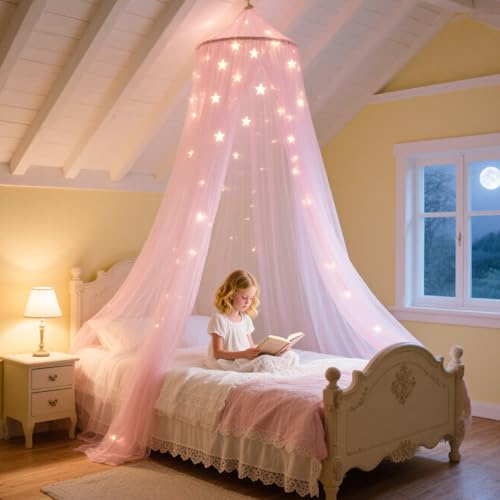 Henrrida Betthimmel für Mädchen, mit leuchtenden Sternen, rosa Betthimmel, Prinzessinnenbett, Mädchen-Schlafzimmer-Zubehör