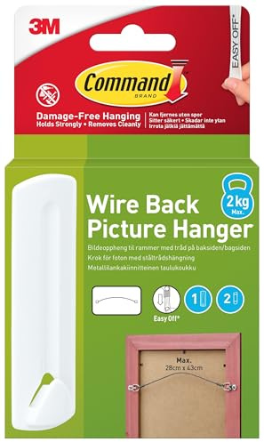 Command Wire-Backed Picture Hanger - 1 Hanger and 2 Adhesive Strips, White - Damage Free Hanging - for Wire-Backed Frames - Holds up to 2 kg