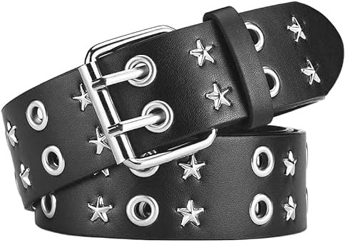 GIMIRO Punk Gürtel Damen Gürtel für Jeans, Bund für Mantel, Hohlnietengürtel,Doppelreihe von Sternlöchern,Stabile quadratische Schnalle mit 2 Pins (Black 2 Row Star Hole)
