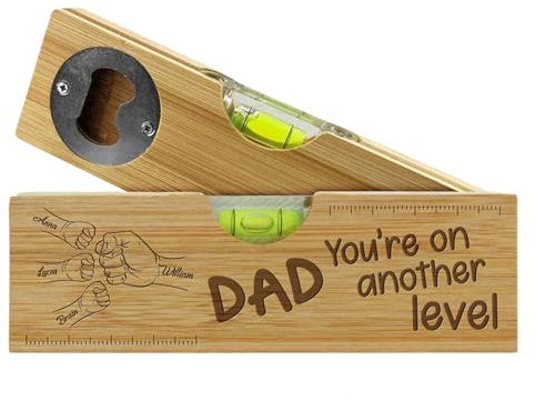 Dad Fist Bump - Personalized Custom Engraved Wooden Spirit Level Bottle Opener - Custom Name Beer Wine Tape Measure Bottle Opener - Dad Gift for Fathers Day, Birthday, Christmas (Dad, 2 Kids)