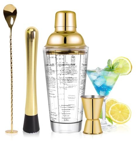 SAVORLIVING Ensemble de Shaker à Cocktail en Verre 40 cl, kit Barman 4 pièces, Shaker à Martini avec passoire, cuillère à mélanger, doseur et Pilon, Ensemble d'outils de Bar pour débutants (Or)