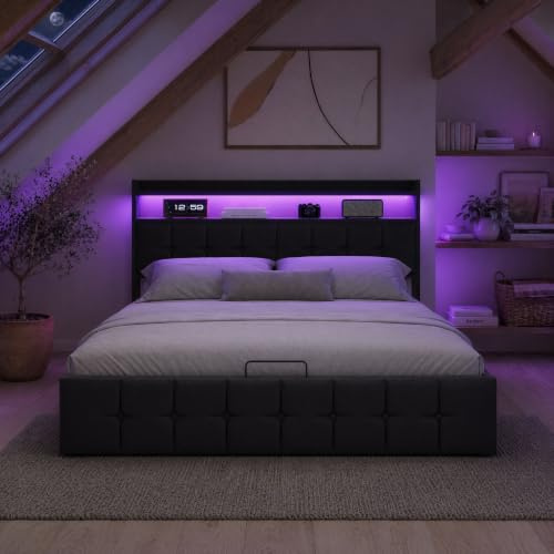 Doppelbett mit USB, Bett mit Aufbewahrung und Ladegerät, 160 x 200 cm, gepolstert, mit Stauraum und LED-Lichtern, Bettgestell mit Kopfteil, ohne Matratze (A Schwarz, PU, 160 x 200 cm)