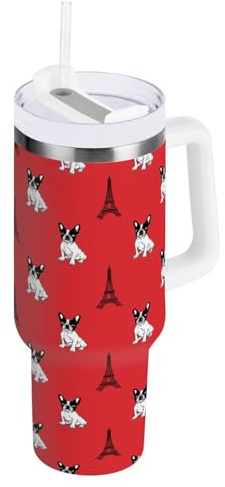 ZZXXB French Bulldog Eiffel Tower Insulated Stainless Steel Water Bottle with Handle and Straw Lid Double Walled Travel Mug 40 oz