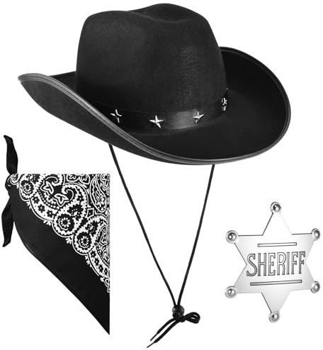 Partideal 3 Pcs Cowboy Hats for Women and Men, Western Cowboy Hat | with Bandanas and Wild West Sheriff Badge Western Fancy Dress Party Accessory for Adults