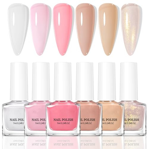 Nail Polish Set - 6 Colours Nude Pink White & Gold Glitter Varnish - Quick Dry Long Lasting Non-Toxic Nail Paint for Women & Girls - Glossy French Manicure Gift Kit, 7ml Each