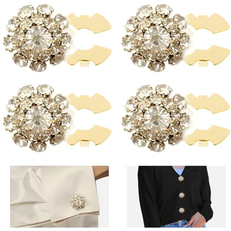 HMCEY 4 Stück Strass Knopfabdeckungen,Strasssteine Knopf Deko Clips,Strassknöpfe Manschetten,Button Covers Clip,Abnehmbare Hosenknopf Dekoration für Hemd für Strickjacken, Blazer, Mantel - Gold