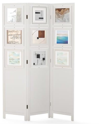 COSTWAY 3 Panel Folding Room Divider with 9 Swivel Paulownia Wood Photo Frames, Freestanding Wall Privacy Screen Protector, Room Partition Paravent Separator for Bedroom Living Room Office, 121x170cm
