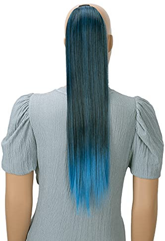 CAISHA 60cm Zopf mit 2 Bändern Pferdeschwanz Langhaar Extensions Haarverlängerung Haarteil Glatt Schwarz Hellblau Mix HCB5