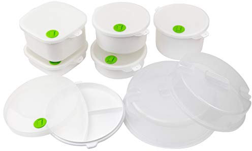 Grizzly Mikrowellengeschirr-Set mit Dampfventil-Deckeln, 14-teiliges Set, 1x Mikrowellenteller mit Deckel, 5x Mikrowellenschüsseln mit Deckel und 2x Mikrowellenhaube, vom Einfrieren bis Dampfgaren