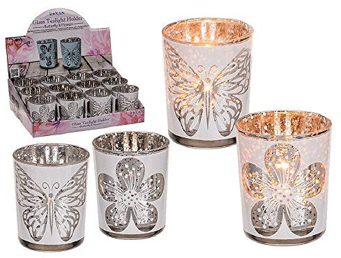 itsisa Teelichtglas mit Blume & Schmetterling 12er Set Votivglas - Windlicht, Teelichthalter