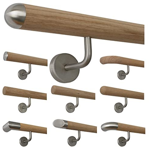TIBU Holz Handlauf Eiche unbehandelt Geländer Wandhandlauf Treppe Wand 30-500cm mit gewinkelten Edelstahl Halter, Länge: 2700 mm mit 4 Halter - Enden:Halbrunde Edelstahlkappe
